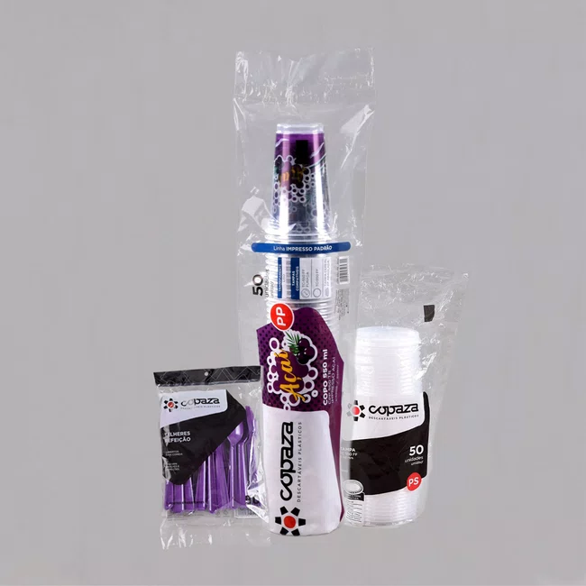 Kit Copaza Descartável Açaí - Copo Personalizado Açaí 550 ml, Colher Roxa e Tampa - C/50 Unidades