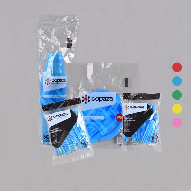 Kit Copaza Descartável Festinha Azul – Copo, Prato, Colher e Garfo 50 Unidades