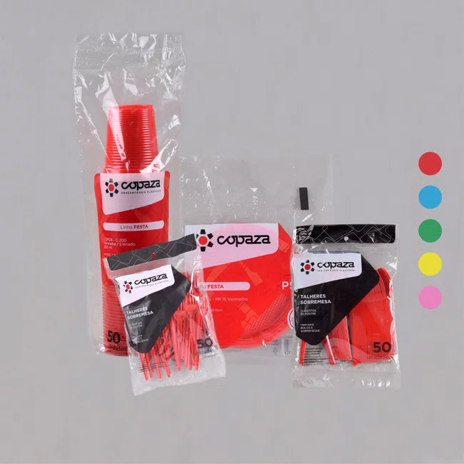 Kit Copaza Descartável Festinha Vermelho – Copo, Prato, Colher e Garfo 50 Unidades