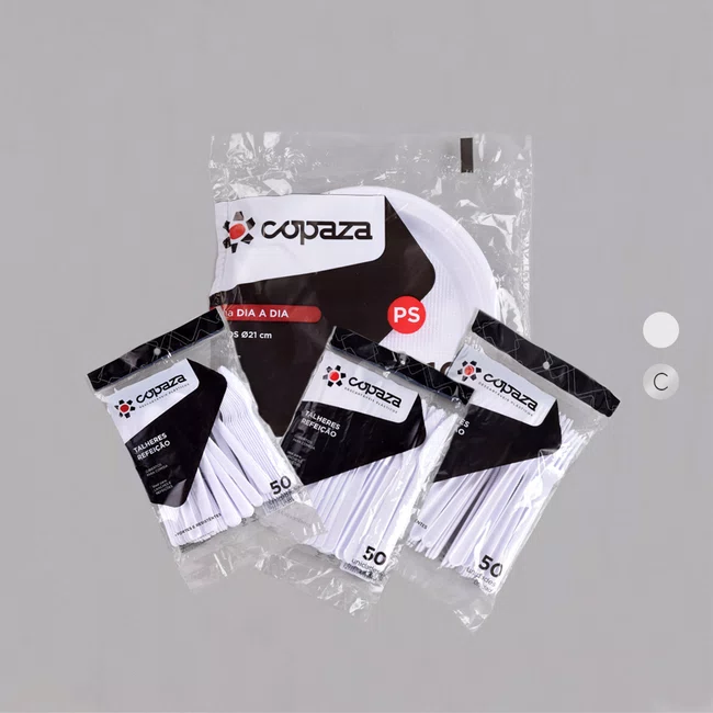 Kit Copaza Descartável Refeição Branco - Prato 21 cm, Colher, Garfo e Faca 50 Unidades
