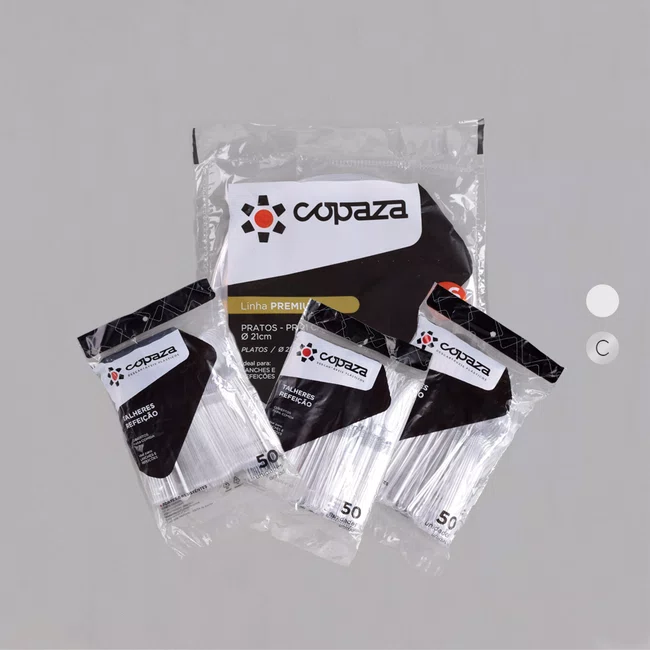 Kit Copaza Descartável Refeição Cristal - Prato 21 cm, Colher, Garfo e Faca 50 Unidades