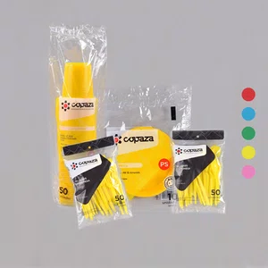Kit Copaza Descartável Festinha Amarelo – Copo, Prato, Colher e Garfo 50 Unidades